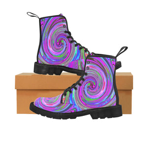 Boots for Women, Colorful Magenta Swirl Retro Abstract Design - Black