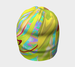 Beanie Hat, Painted Red Rose on Yellow and Blue Abstract Beanies for Women