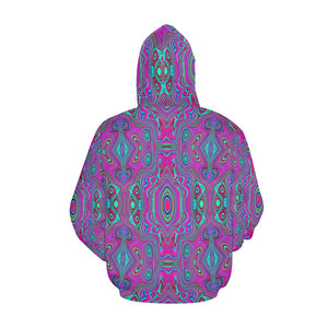 Hoodies for Women, Trippy Retro Magenta, Blue and Green Abstract