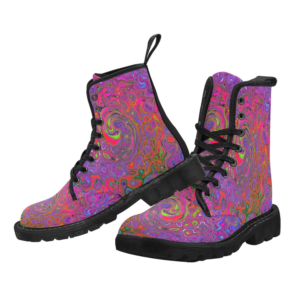 Boots for Women, Psychedelic Groovy Magenta Retro Liquid Swirl - Black