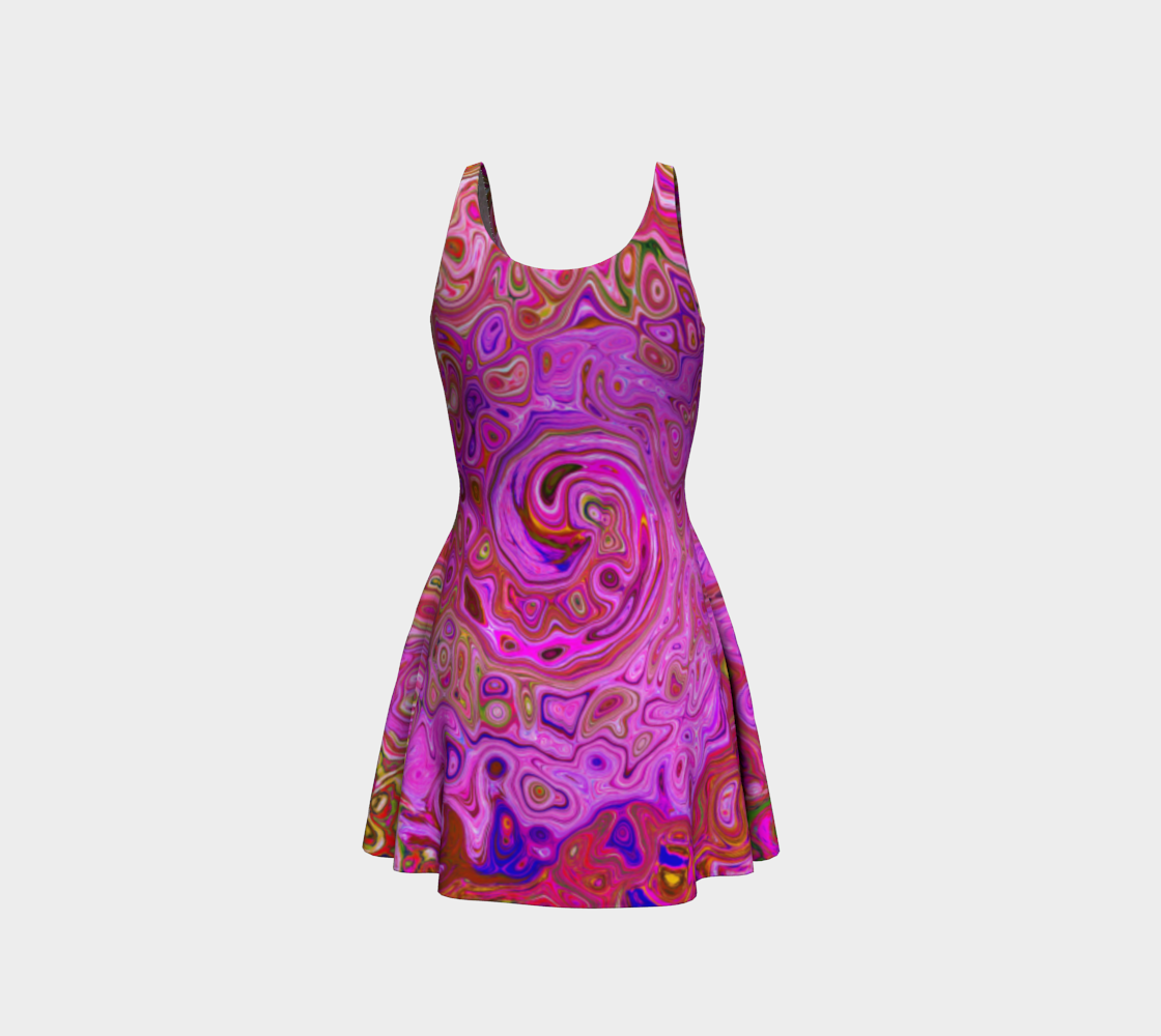 Fit and Flare Dresses, Hot Pink Marbled Colors Abstract Retro Swirl