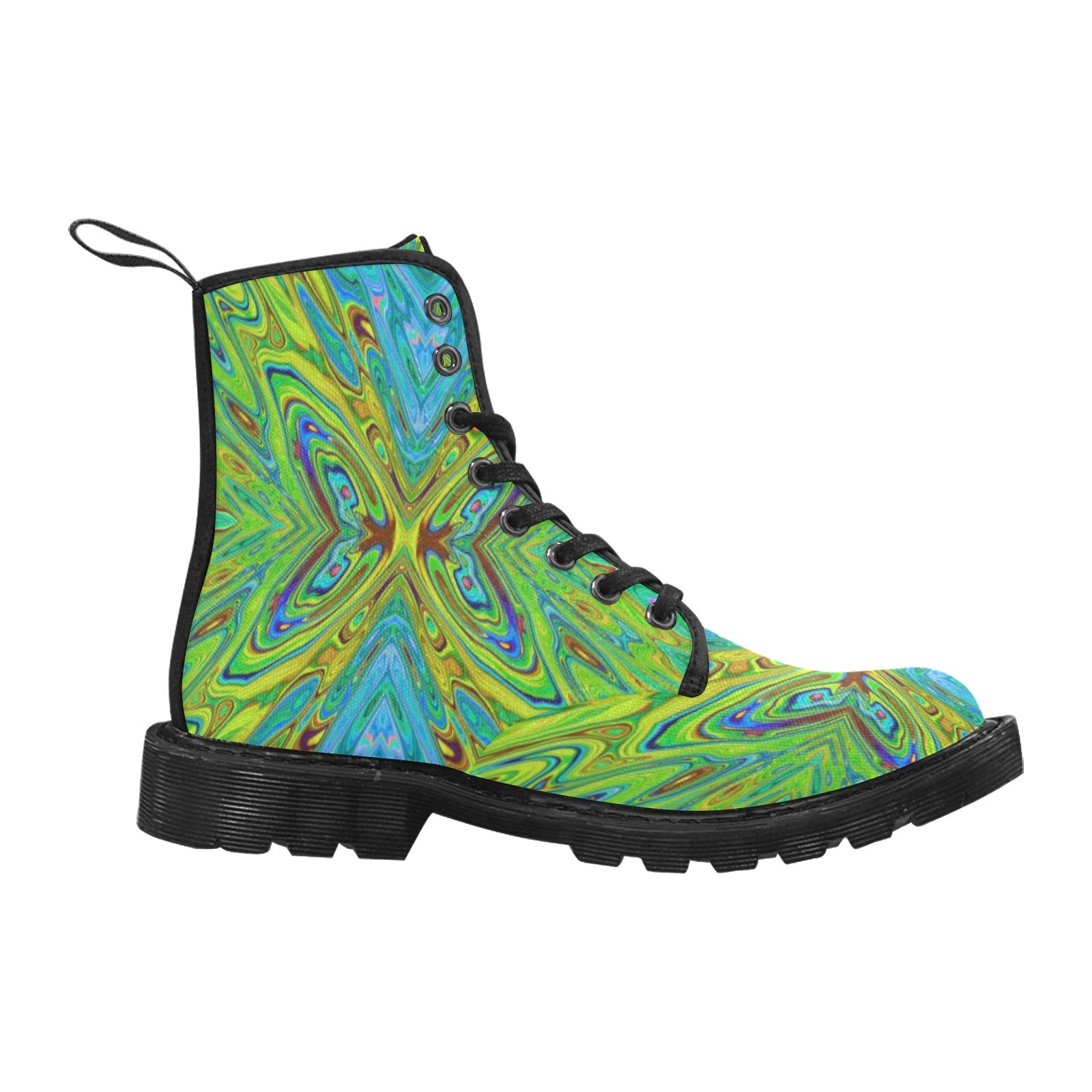 Boots for Women, Trippy Chartreuse and Blue Abstract Butterfly - Black
