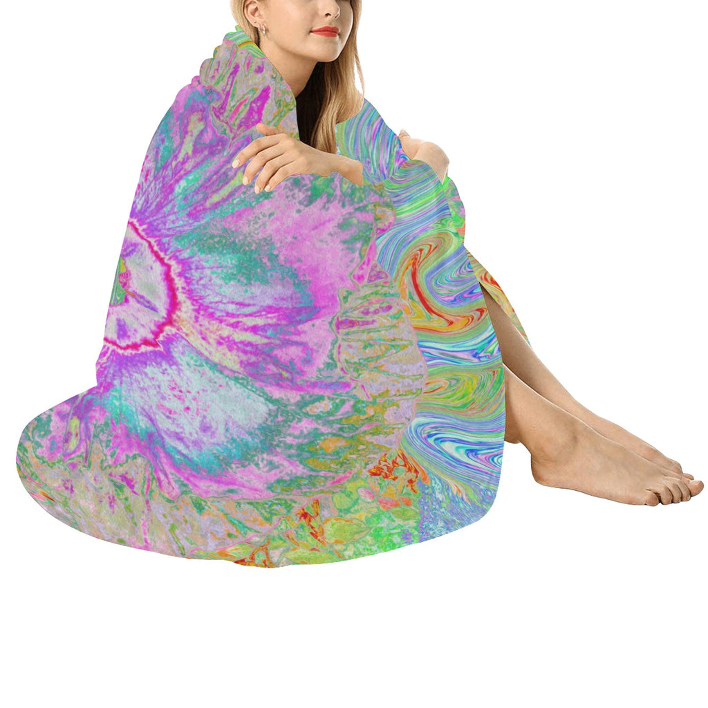 Round Throw Blankets, Psychedelic Hot Pink and Ultra-Violet Hibiscus