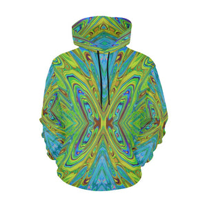 Hoodies for Women, Trippy Chartreuse and Blue Abstract Butterfly