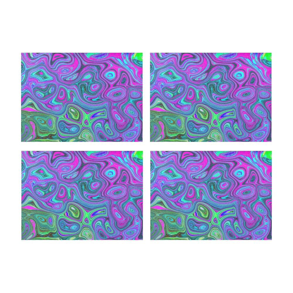 Cloth Placemats Set, Marbled Magenta and Lime Green Groovy Abstract Art