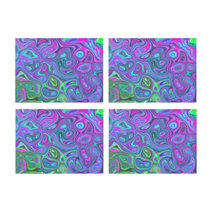 Cloth Placemats Set, Marbled Magenta and Lime Green Groovy Abstract Art