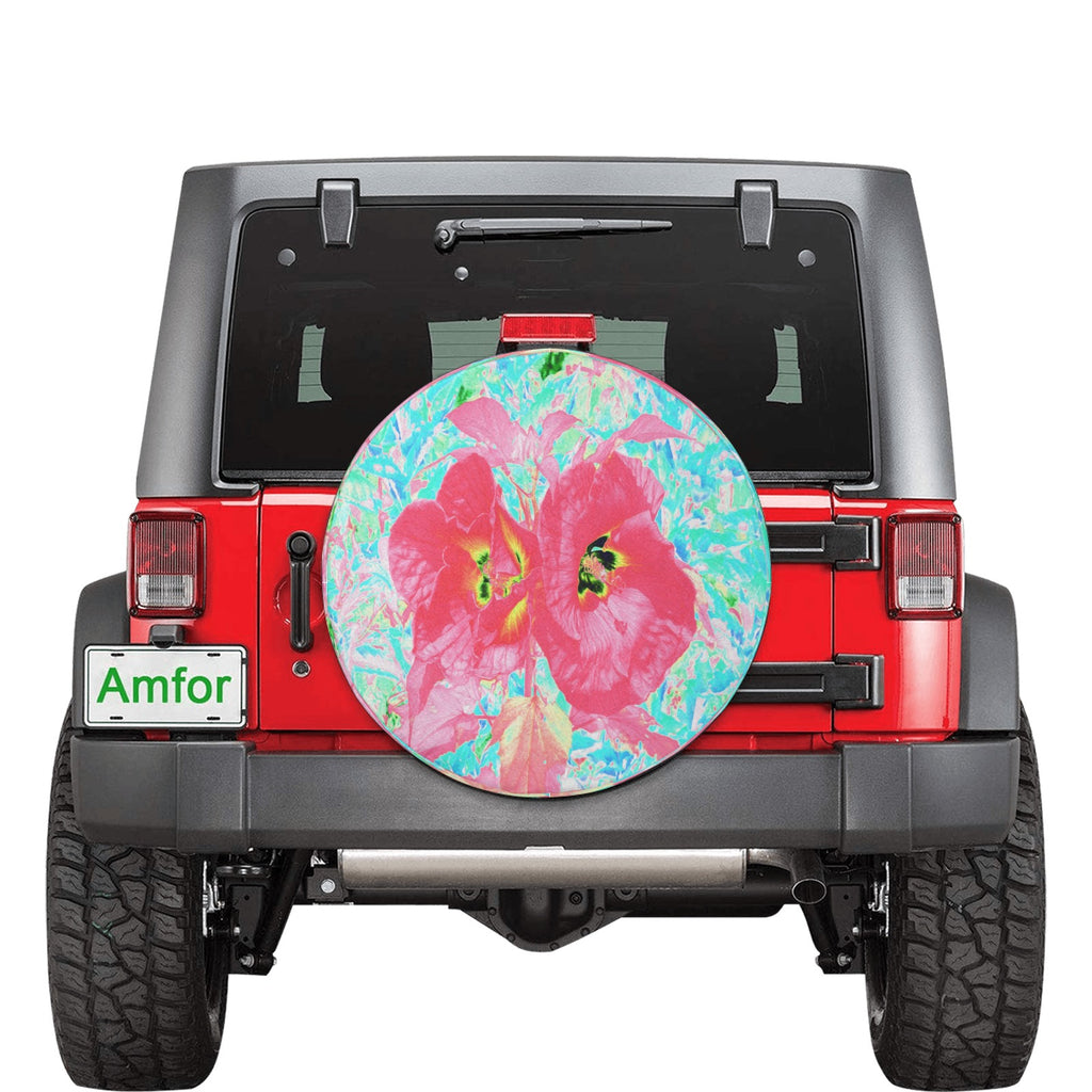 Spare Tire Covers, Two Rosy Red Coral Plum Crazy Hibiscus on Aqua - Small