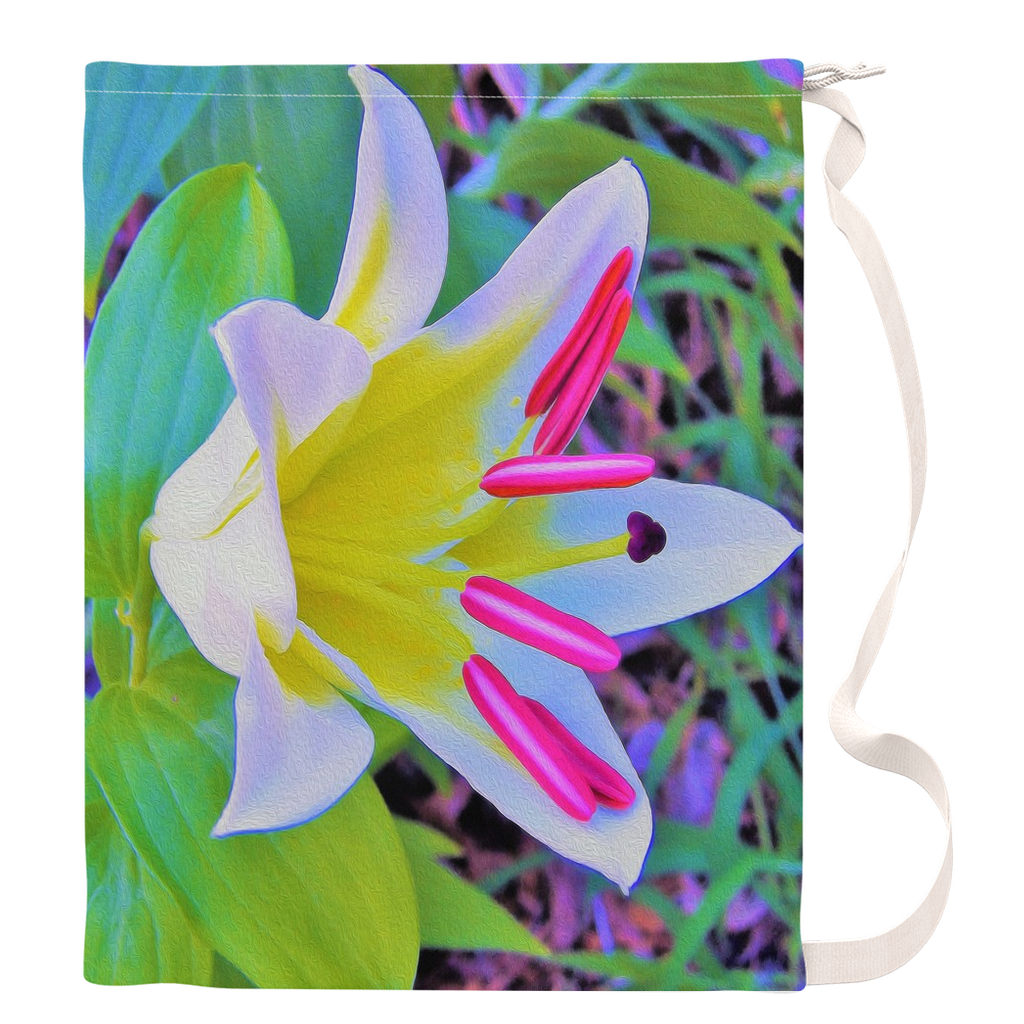 Large Laundry Bags, Beautiful White Trumpet Lily with Yellow Center