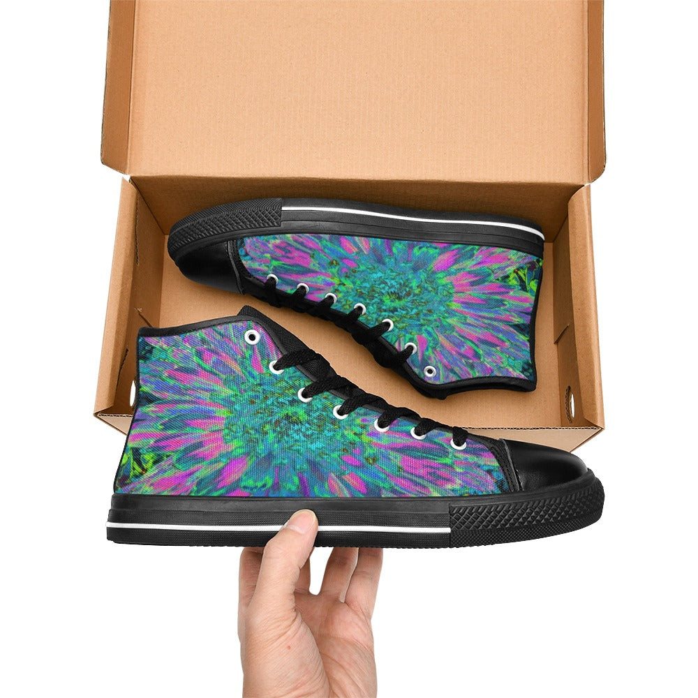 High Top Sneakers for Women, Psychedelic Magenta, Aqua and Lime Green Dahlia - Black