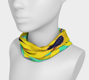 Wide Fabric Headband, Yellow Rudbeckia Flowers on a Turquoise Swirl, Face Covering