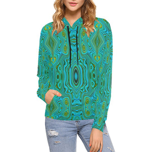 Hoodies for Women, Trippy Retro Turquoise Chartreuse Abstract Pattern