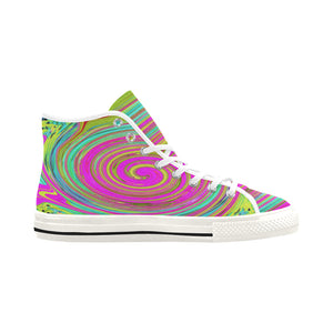 Colorful High Top Sneakers for Women, Groovy Abstract Pink and Turquoise Swirl with Flowers, White