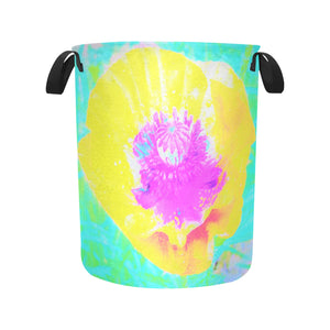 Fabric Laundry Basket with Handles, Yellow Poppy with Hot Pink Center on Turquoise