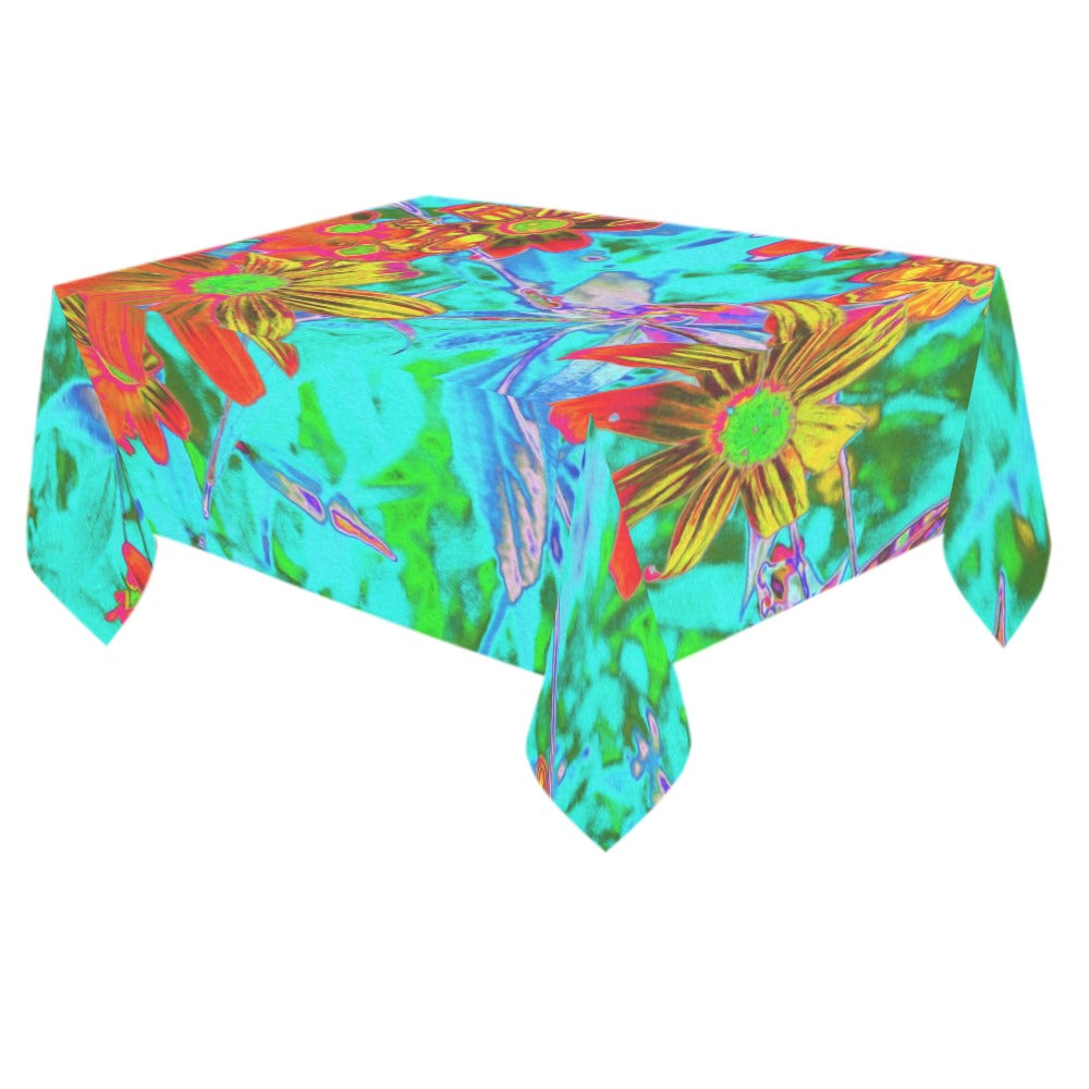 Tablecloths for Rectangular Tables, Aqua Tropical with Yellow and Orange Flowers - 84 x 60"