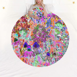 Round Fleece Blankets, Psychedelic Hot Pink and Lime Green Garden Flowers