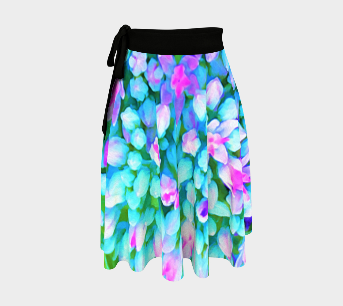 Artsy Wrap Skirt, Blue and Hot Pink Succulent Sedum Flowers Detail