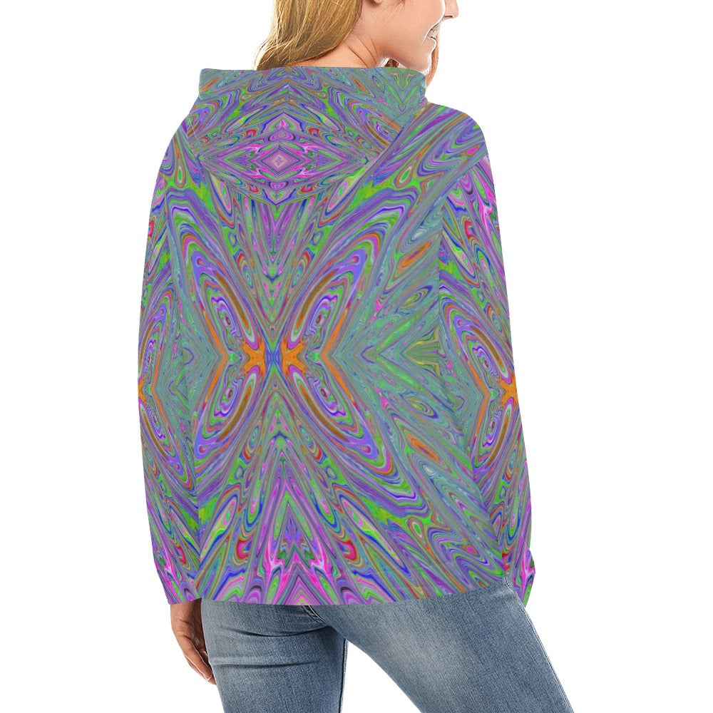 Hoodies for Women, Abstract Trippy Purple, Orange and Lime Green Butterfly