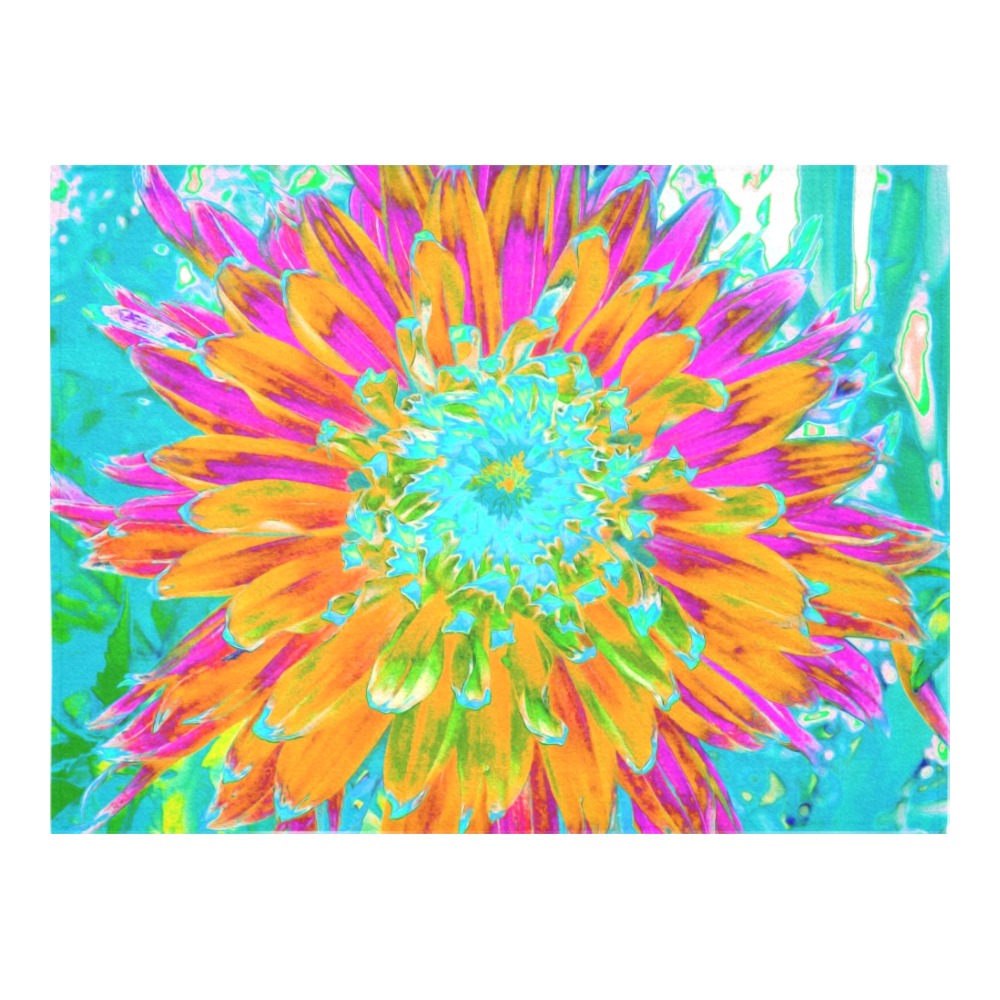 Tablecloth for Rectangular Tables, Tropical Orange and Hot Pink Decorative Dahlia - 70 by 52"