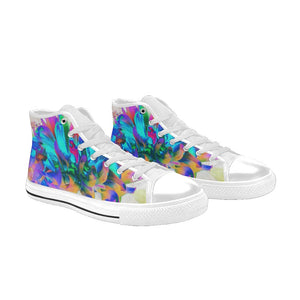 High Top Sneakers for Women, Stunning Watercolor Rainbow Cactus Dahlia - White