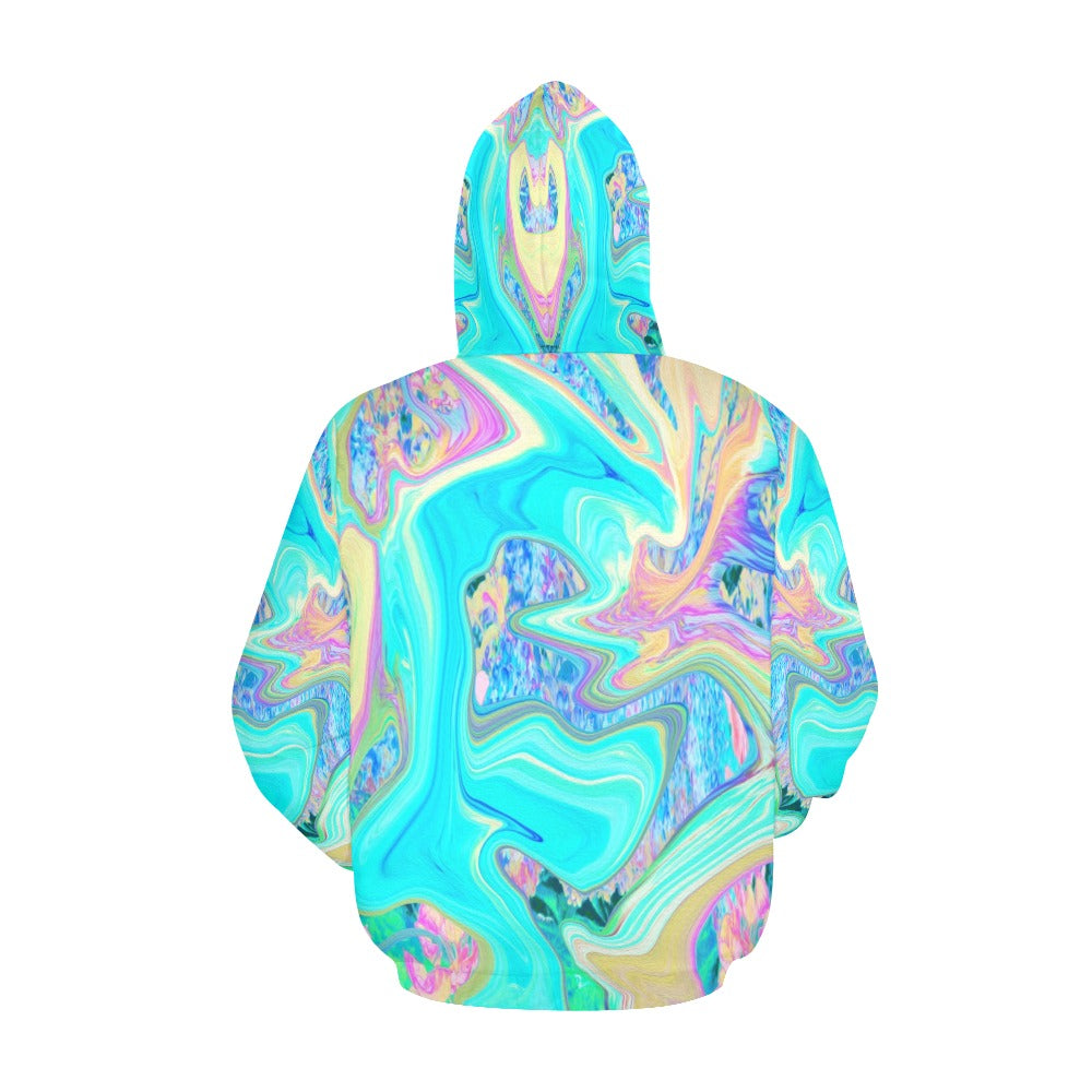 Hoodies for Women, Retro Aqua Blue Liquid Art on Abstract Hydrangeas