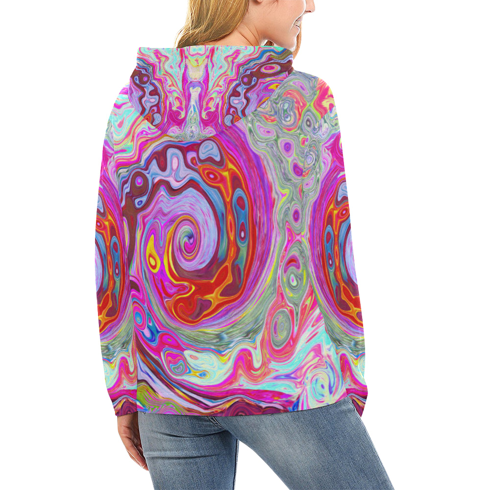 Hoodies for Women, Groovy Abstract Retro Hot Pink and Blue Swirl