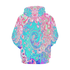 Hoodies for Women, Groovy Aqua Blue and Pink Abstract Retro Swirl