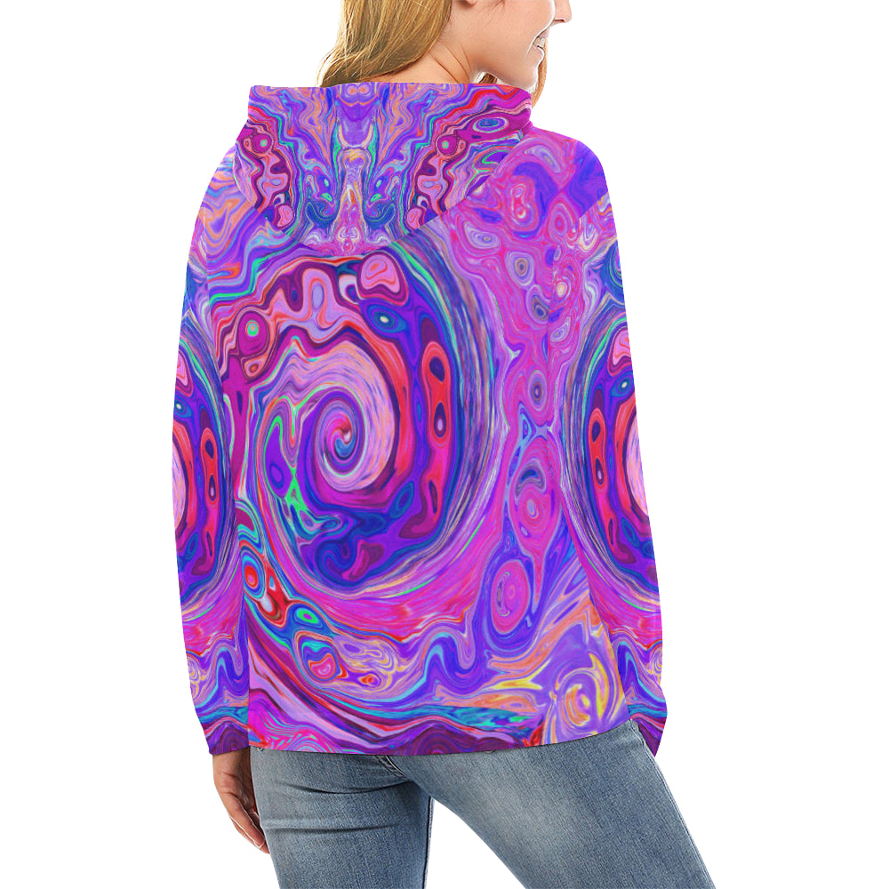Hoodies for Women, Retro Purple and Orange Abstract Groovy Swirl