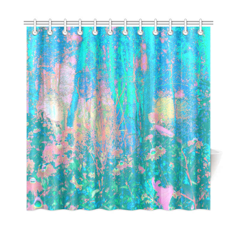 Shower Curtains, Trippy Aqua Sunrise with Psychedelic Garden Flowers