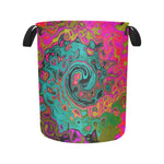 Fabric Laundry Basket with Handles, Trippy Turquoise Abstract Retro Liquid Swirl