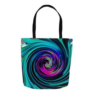 Tote Bags, Dramatic Black and Turquoise Abstract Retro Twirl