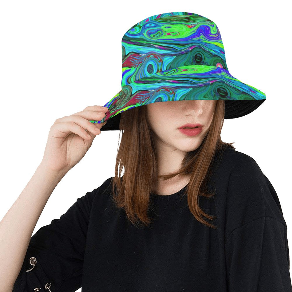 Bucket Hats, Groovy Abstract Retro Green and Blue Swirl