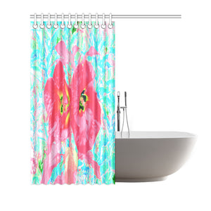 Shower Curtain, Two Rosy Red Coral Plum Crazy Hibiscus on Aqua