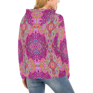 Hoodies for Women, Abstract Magenta, Pink, Blue and Red Groovy Pattern