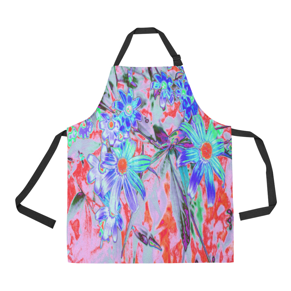 Apron with Pockets, Retro Psychedelic Aqua and Orange Flowers