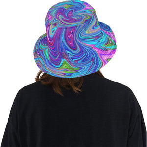 Bucket Hats, Blue, Pink and Purple Groovy Abstract Retro Art
