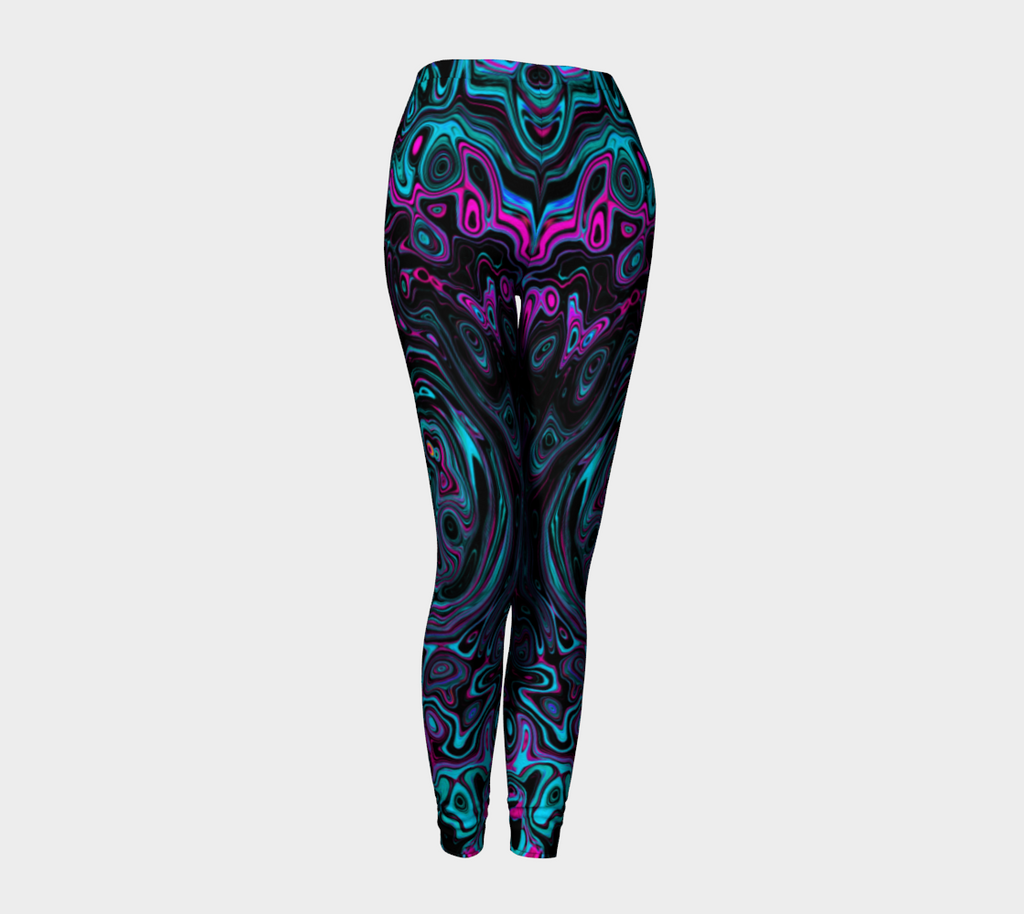 Groovy Artsy Leggings for Women, Retro Aqua Magenta and Black Abstract Swirl