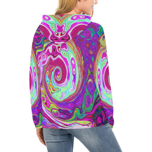 Hoodies for Women, Groovy Abstract Retro Magenta Rainbow Swirl