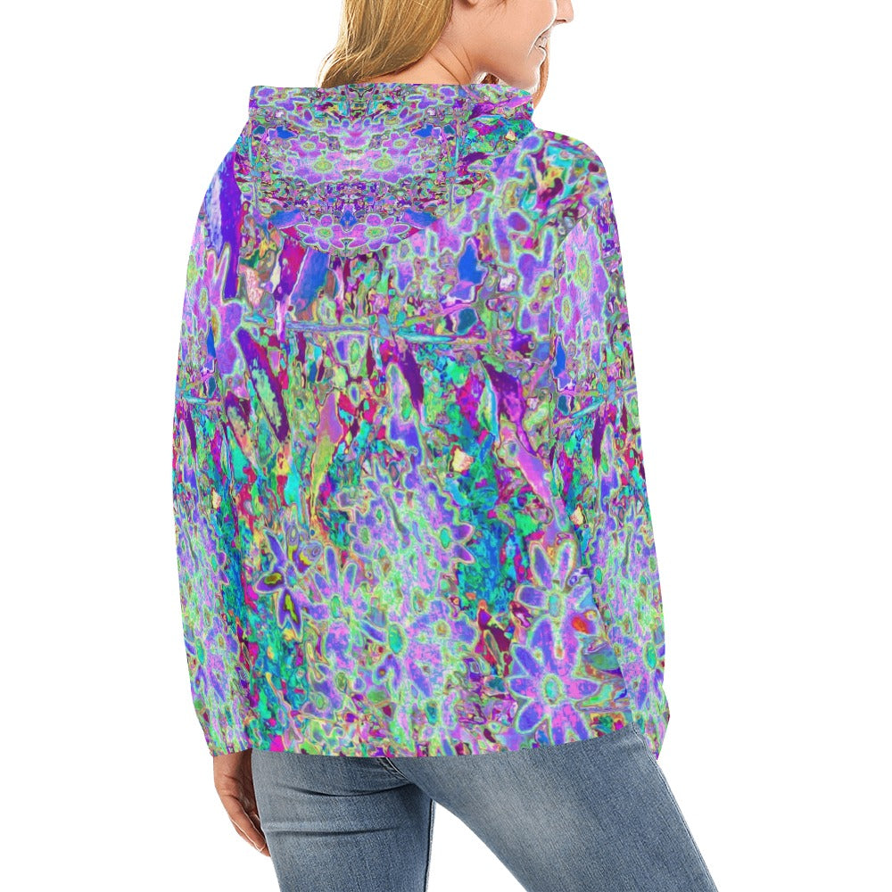 Hoodies for Women, Trippy Abstract Pink and Purple Flowers
