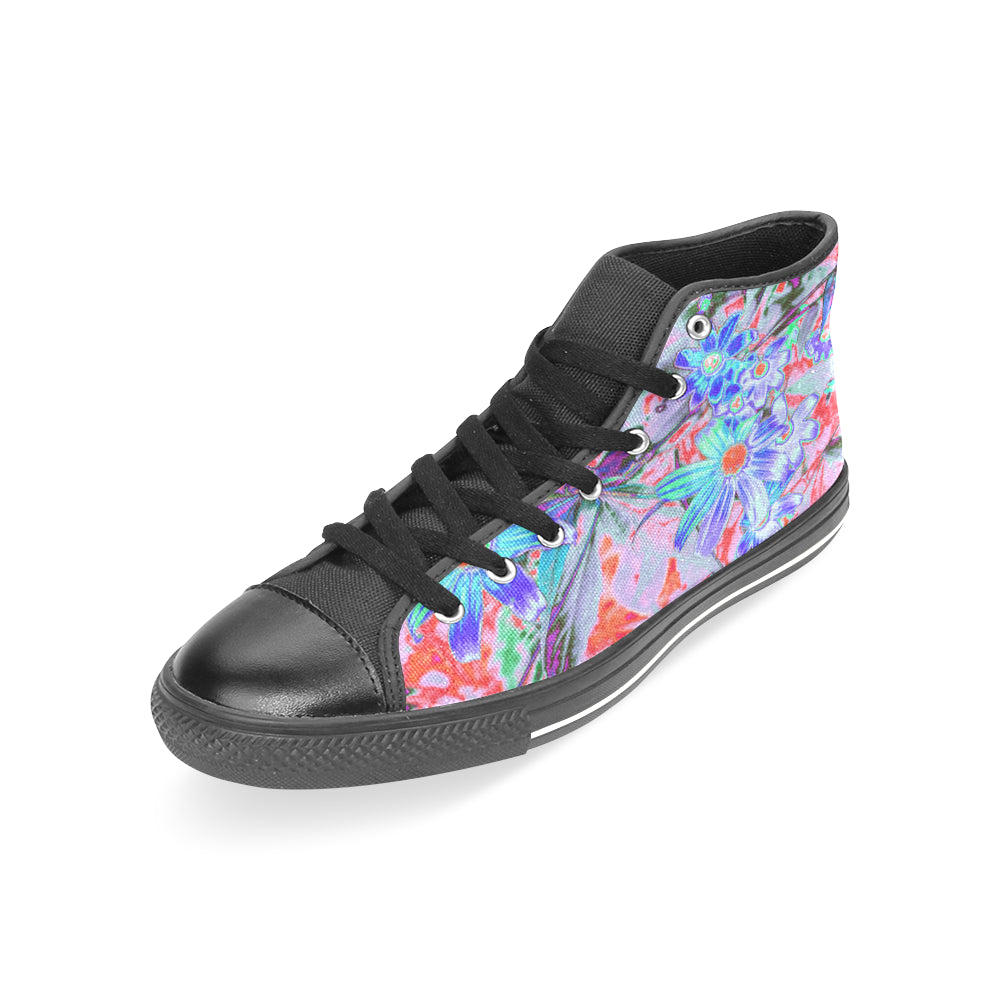 High Top Sneakers for Women, Retro Psychedelic Aqua and Orange Flowers - Black