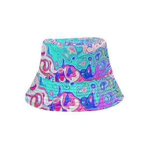 Bucket Hats, Groovy Aqua Blue and Pink Abstract Retro Swirl