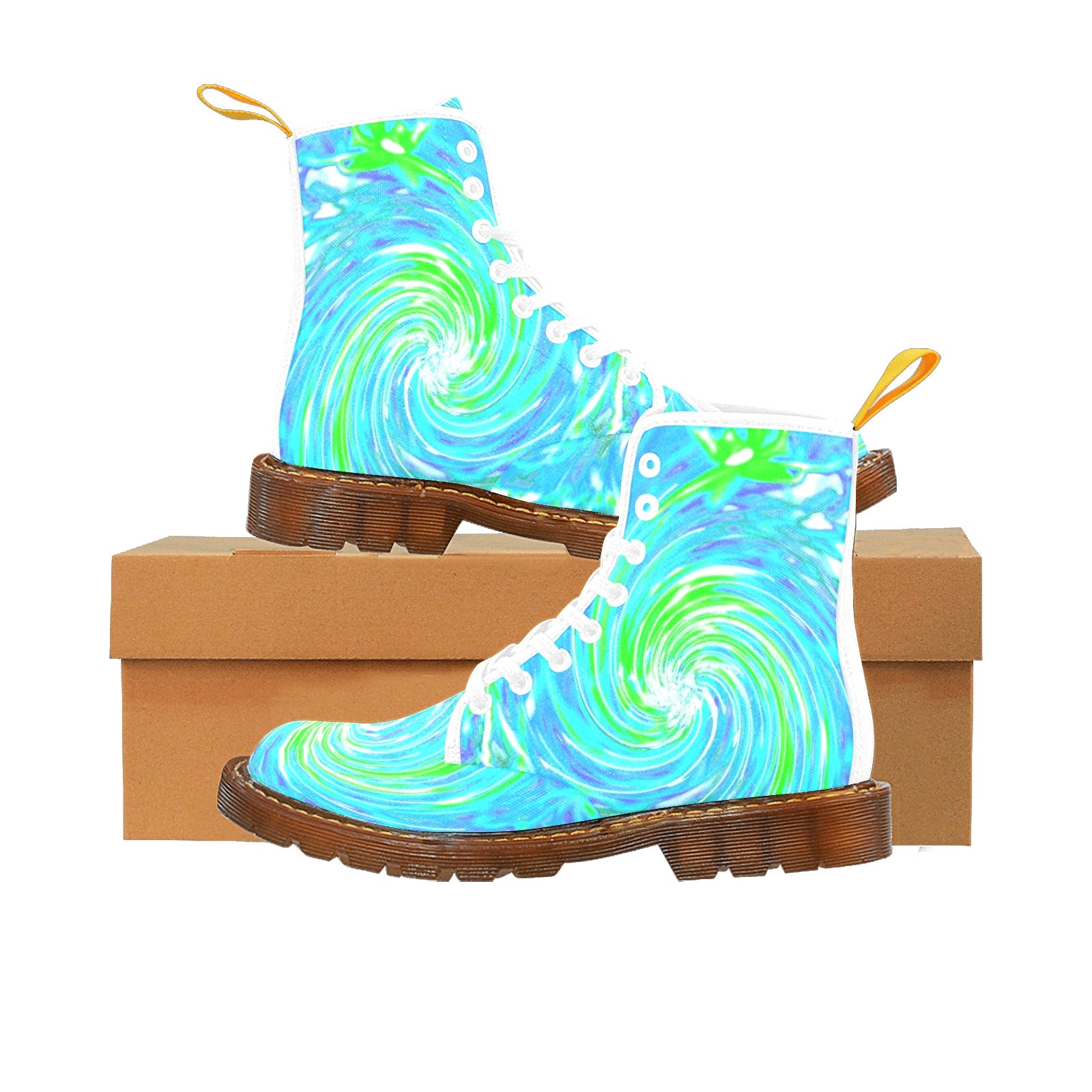 Boots for Women, Cool Abstract Retro Aqua and Lime Green Floral Swirl - White