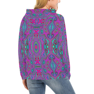 Hoodies for Women, Trippy Retro Magenta, Blue and Green Abstract