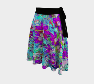Artsy Wrap Skirt, Aqua Garden with Violet Blue and Hot Pink Flowers