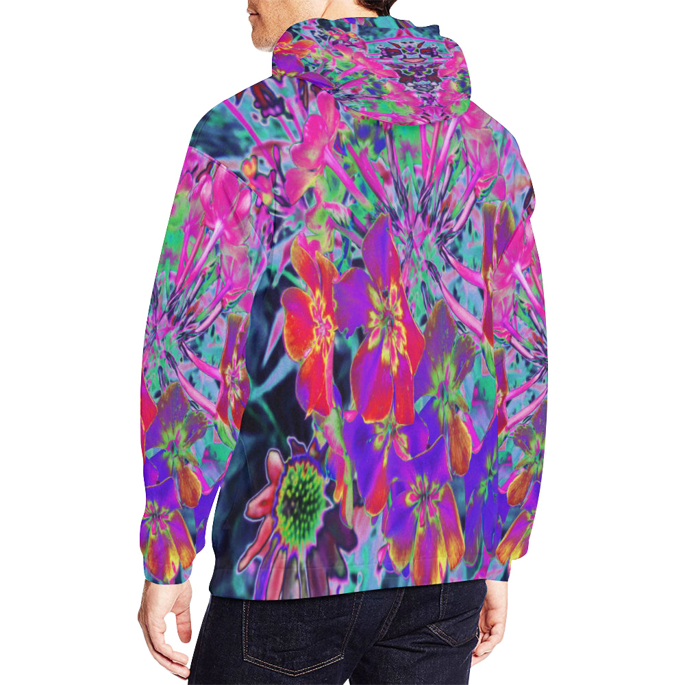 Hoodies for Men, Dramatic Psychedelic Colorful Red and Purple Flowers