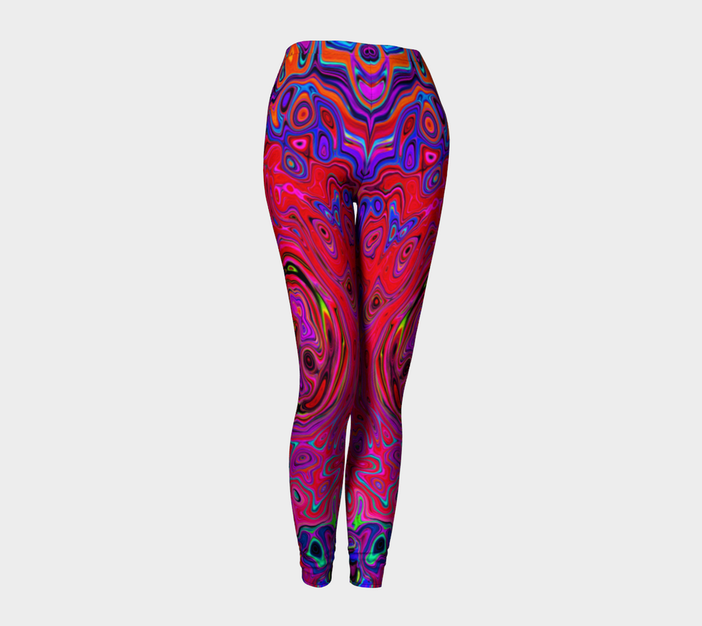 Groovy Artsy Leggings for Women, Trippy Red and Purple Abstract Retro Liquid Swirl