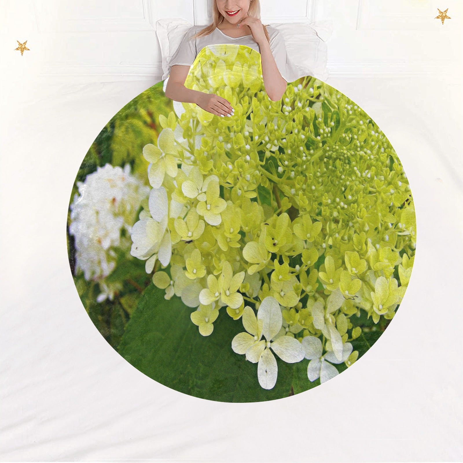 Round Throw Blankets, Elegant Chartreuse Green Limelight Hydrangea