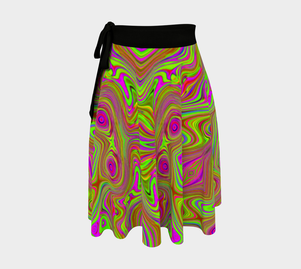 Wrap Skirts, Trippy Retro Chartreuse Magenta Abstract Pattern