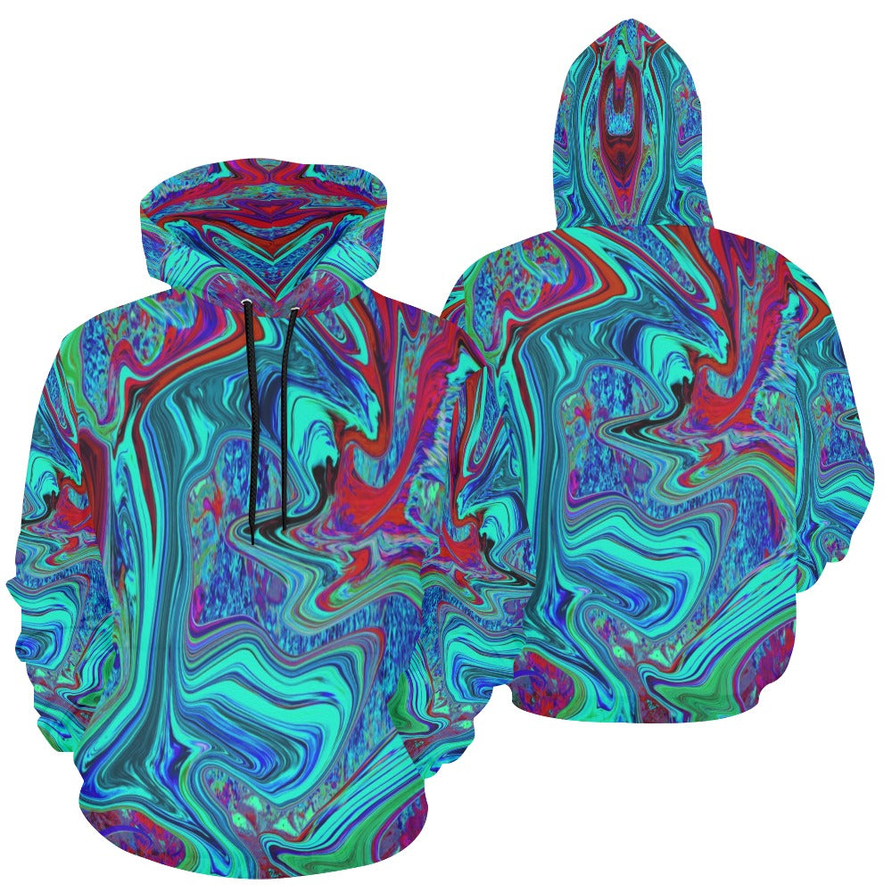 Hoodies for Women, Groovy Abstract Retro Art in Blue and Red