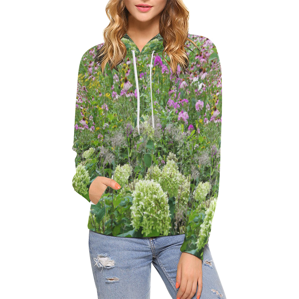 Hoodies for Women, Pink Cone Flower Garden Meadow with Hydrangeas