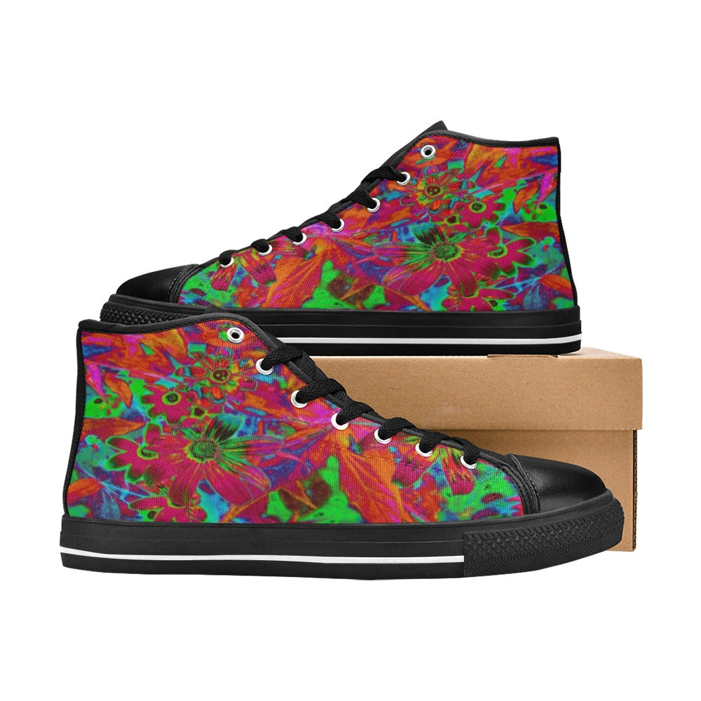 High Top Sneakers for Women, Psychedelic Groovy Red and Green Wildflowers - Black
